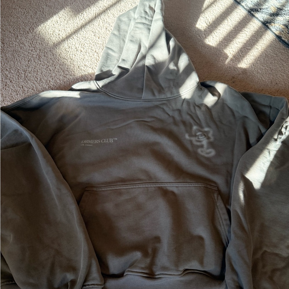 Dreamers Club gray cropped Hoodie with Subtle Chest Logo. L